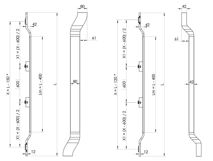 Wymiary uchwytu MPS31 T3 L/P dla L>1601