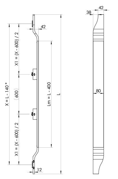 Wymiary uchwytu MPS31 T6 L/P dla L>1601