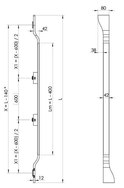 Wymiary uchwytu WALA MPS31 T7 L/P dla L>1601